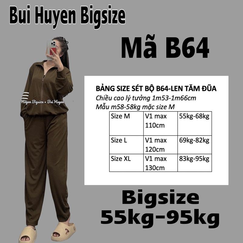 Bùi Huyền Bigsize B64 Sét Bộ Nữ Áo Khoá Bốn Sọc Quần Dài Chất Tăm Len Bigsize (55kg-95kg)