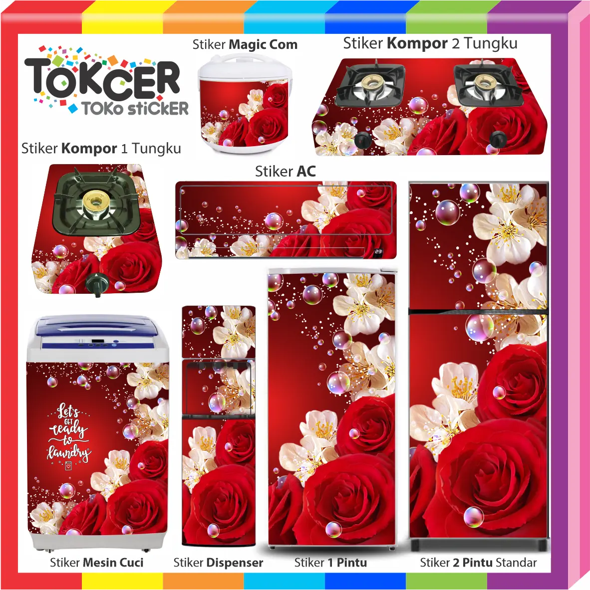 Stiker Kulkas/ stiker Kompor/ stiker Magicom/ stiker MesinCuci motif MAWAR MERAH sticker