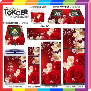 Stiker Kulkas LAMINATING GLOSSY/ stiker Kompor/ stiker Magicom/ stiker MesinCuci Anti LUNTUR Anti GORES Anti AIR Tahan PANAS motif MAWAR MERAH sticker PREMIUM Tahan LAMA