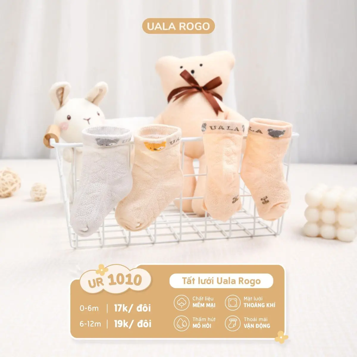 Tất lưới cho bé sơ sinh Ualarogo vải Cotton thấm hút mềm thoáng giữ ấm chân cổ ngắn 1009