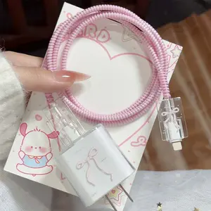 【COD】[Model Terbaru]Pink Ribbon Bow Data Cable Protective Case Charger Protective Case Set Cocok untuk IP