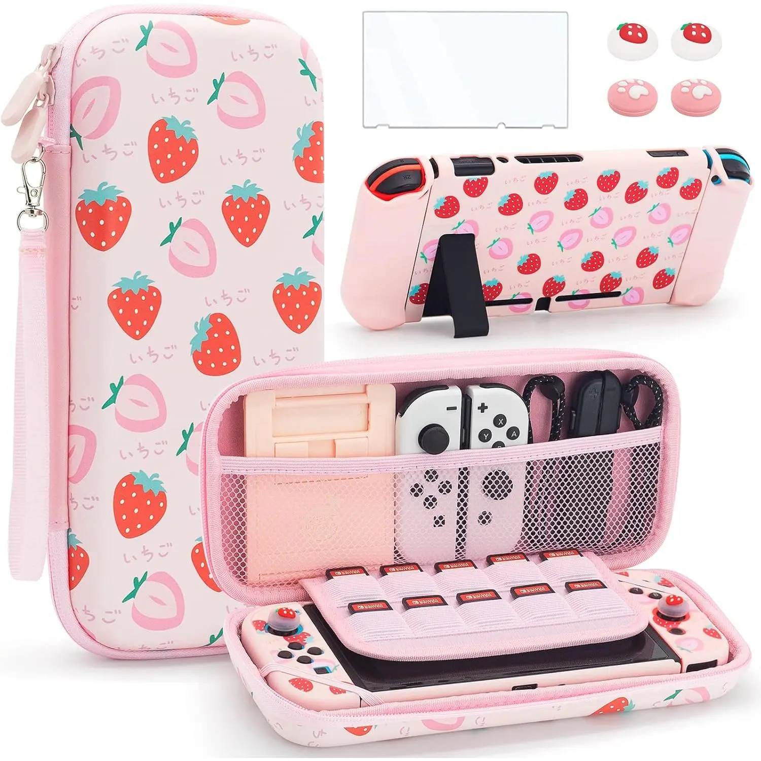 Large Switch Case Compatible Switch with Dockable Protective Cover, Cute Travel Carry Case Bundle Bag Portable Protective Accessories Kit , Strawberry Pink