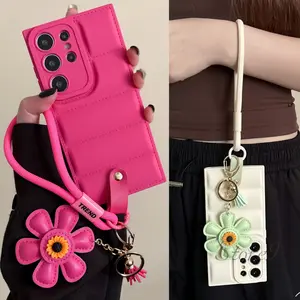 Sunflower Leather Buckle Lanyard Casing Down Jacket Phone Case Suitable for Samsung Galaxy S25 S24 S23 S22 S21 S20 Ultra Plus A56 A36 A26 A06 A16 A55 A35 A05 A15 Fully Covered Wristband Anti Drop Soft Case