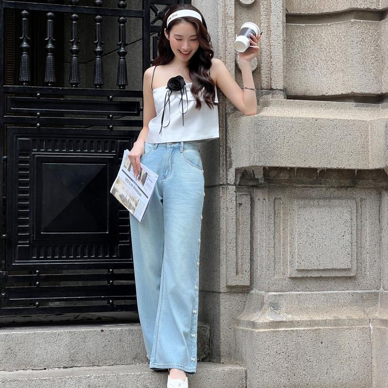 [VEO'S] RIBBY JEANS - Quần Jeans Kiểu Nữ Ống Đứng Form Suông Đính Nơ Hông Cạp Cao Thanh Lịch Đi Làm Đi Chơi Màu Xanh Demin