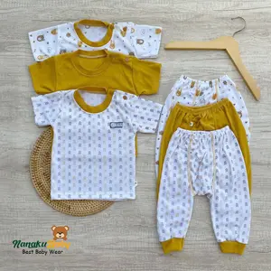 Nanaku Baby X Moku Baby - Isi 3 Setelan Baju Bayi Lengan Pendek Kancing Pundak Celana Diapers Panjang Series Kuning Mustard Usia 0-18 Bulan