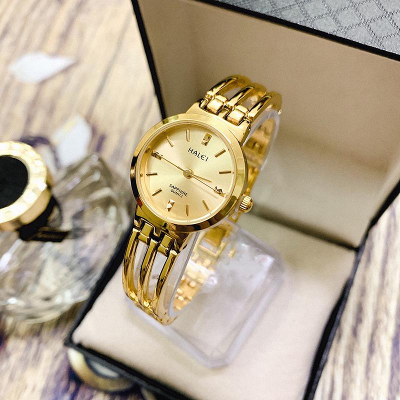 Đồng hồ nữ dây thép Halei máy Nhật mạ vàng Size 26mm chống nước