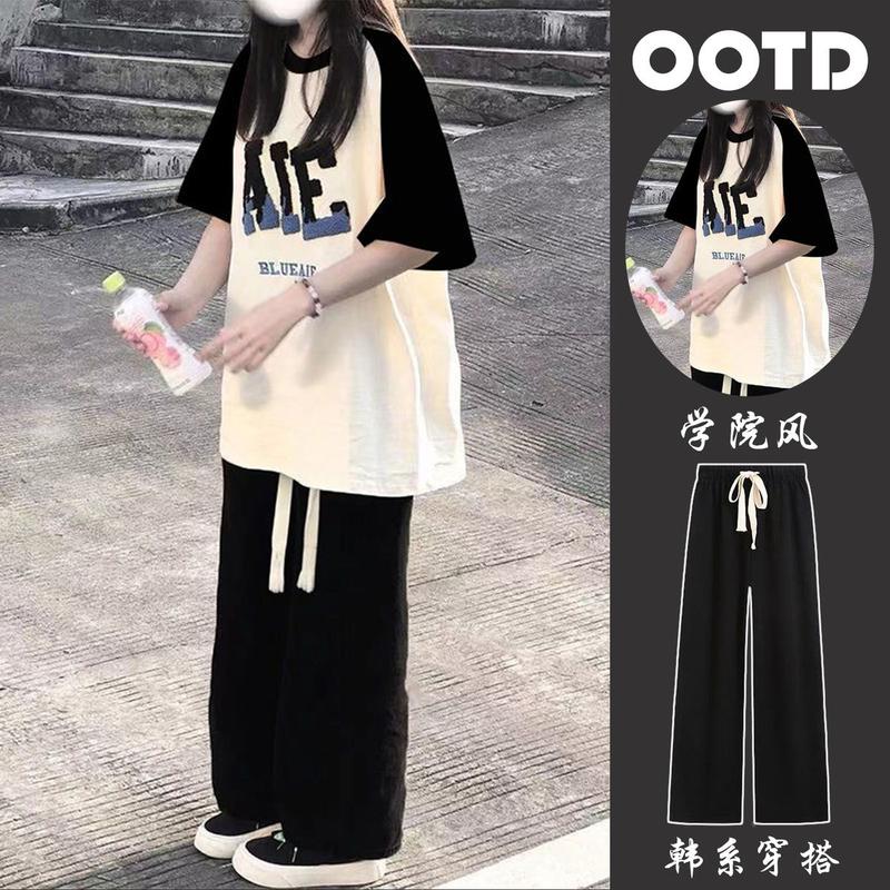 Bộ Đồ ngắn Tay Raglan, Phổ Biến Vào Mùa Hè Năm 2024, Dành Cho Học Sinh Nữ, Áo Phông Dáng Rộng Rãi, Quần Ống Rộng Thẳng Thời Trang, Bộ Đồ Hai Mảnh, Thời Trang 4