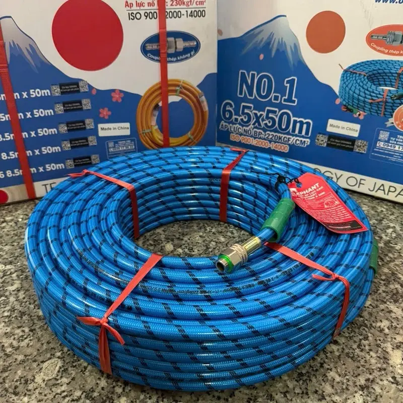 Dây xịt áp lực ELEPHANT 6.5/8.5mmX 50m áp lực nổ 230kgf/m2 màu xanh sọc đen sử dụng xịt  thuốc, rửa xe... 1