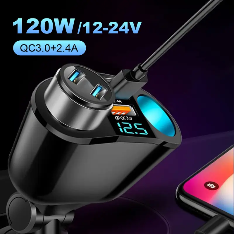 Bộ Chia Ổ Cắm Bật Lửa Ô Tô, Sạc Nhanh PD QC3.0, 12V-24V, Bộ Sạc Ô Tô 3
