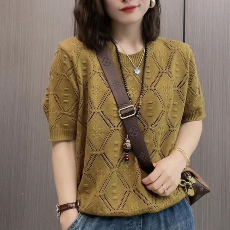 Product Introduction of Áo ngắn Tay Dệt Kim, Thời Trang Thường Ngày Cho Nữ, Jacquard khoét Dáng Ôm Áo Len Mỏng, Hàng Mới Về Mùa Hè 2023 3