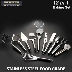 Set Baking Alat Buat Kue 12 in 1 Stainless Steel Alat Masak & Baking Multifungsi Spatula, Pengocok Telur, Pemotong Pizza, Penghancur Kentang + Wadah Penyimpanan