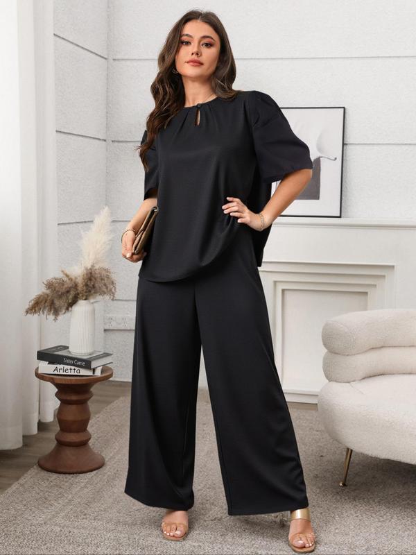 【Plus Size】 Two-Piece Set Solid Color Top & Straight Leg Pants, Casual Fashion Cozy Short Sleeve Round Neck Top & Trousers for Daily Outdoor Wear, Women's Two-piece for All Seasons 4
