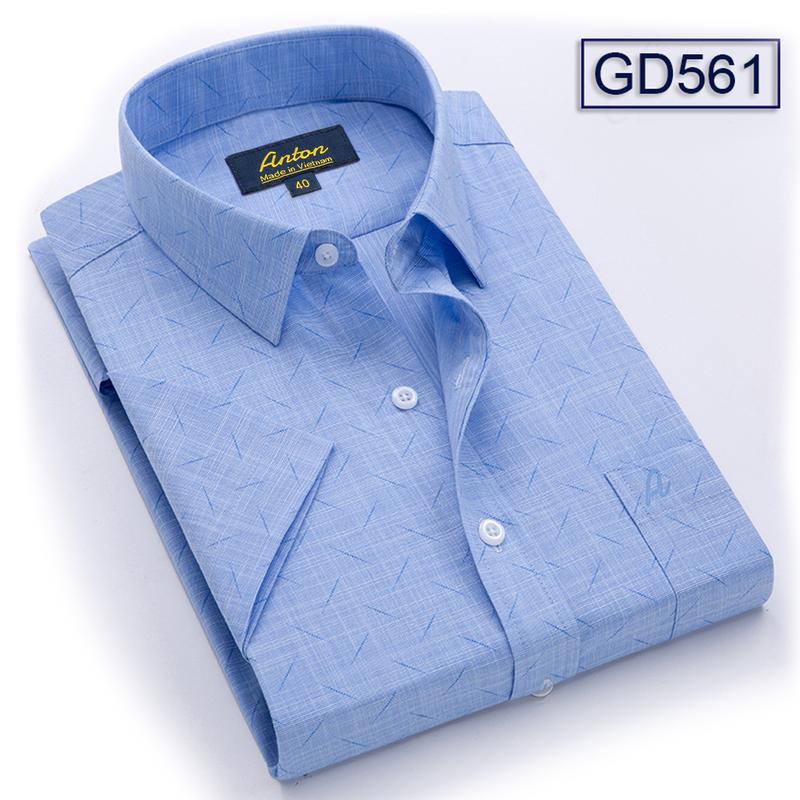 Áo Sơ Mi Nam Công Sở Trung Niên Anton Somianton Xanh Dương Ngắn Tay Họa Tiết In Chìm Vải Sợi Cotton Menswear Shirt Cổ Tròn - GD561