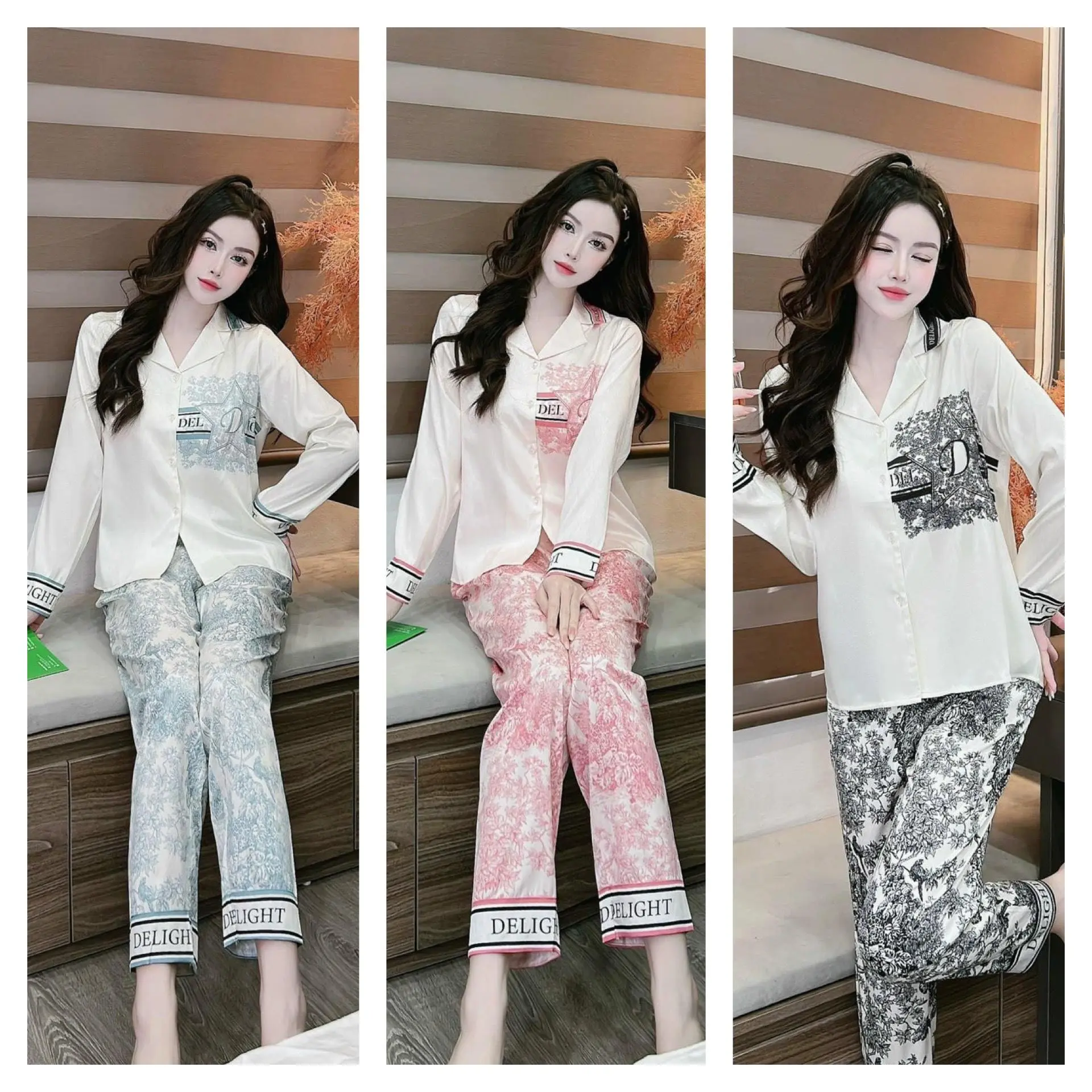 Bộ Đồ Pijama Tay Dài Chất Lụa Xước Ngôi Sao PTD20