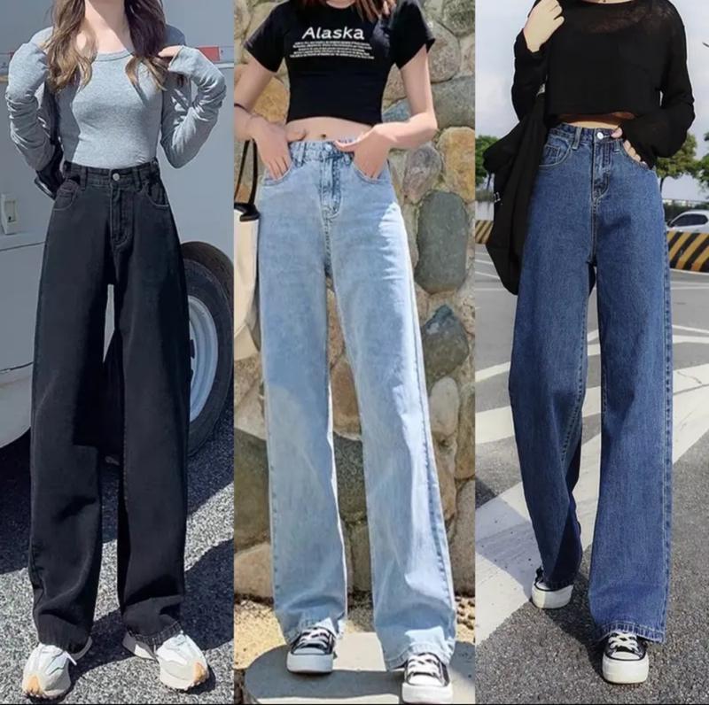 Size 55-90kg Quần Jean  Nữ Suông Ống Rộng BIG SIZE Phom Rộng To Không Giãn Lưng Cao Dài 104cm Ong Loang