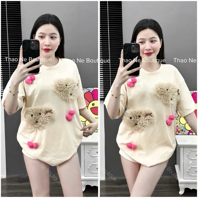 ÁO THUN NỮ UNISEX 2 GẤU XÙ DỄ THƯƠNG COTTON FORM RỘNG 4