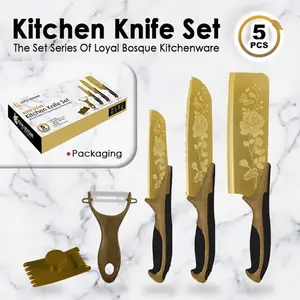 (NBS) Pisau Set 5-in-1 Gold Motif Bunga Stainless Steel Tajam - NbsGroup