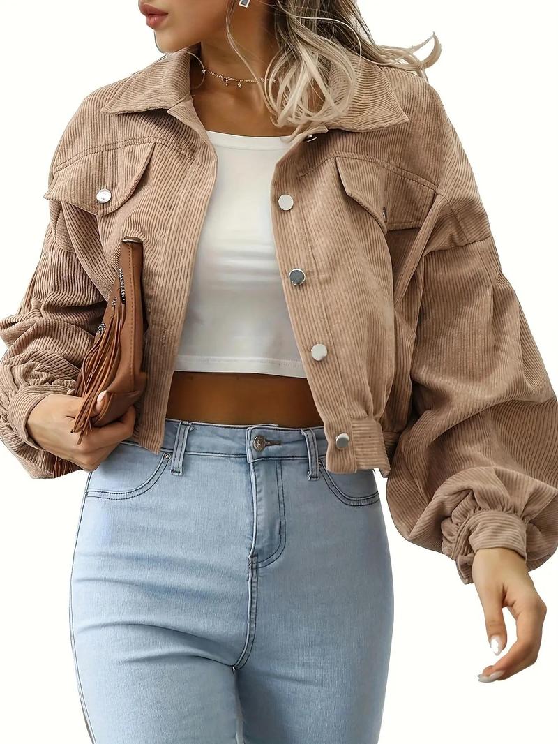 Product Introduction of Women's Plain Pocket Button Front Lantern Sleeve Ruched Jacket, Coats for School, Casual Drop Shoulder Long Sleeve Collar Outerwear for Daily Wear, Jackets for Women, Ladies Clothes, Back To School Clothes, Gen Z Corporate Outfit,  Winter Coats 2024 5