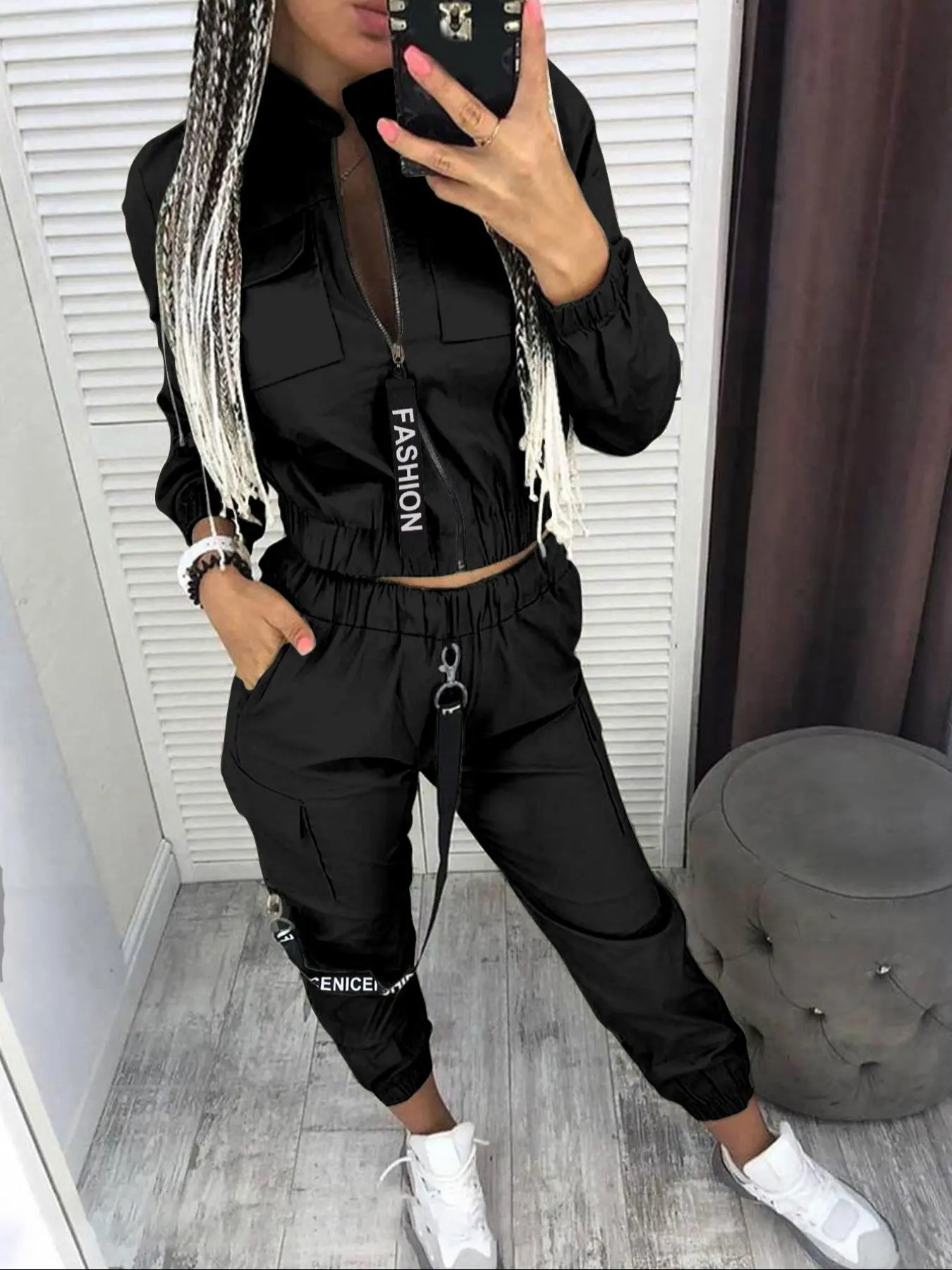 Women's Long Sleeve Zip Up Outerwear & Cargo Pants Two-piece Set, Casual Fashion Cozy Breathable Two Piece Outfits for Daily Outdoor Wear, Women Clothes for Spring