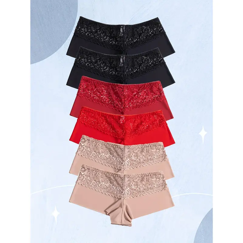 6 Pieces Lace Stitched Boy Shorts, Soft and Comfortable Stretch Panties, Women's Underwear and Underwear 6