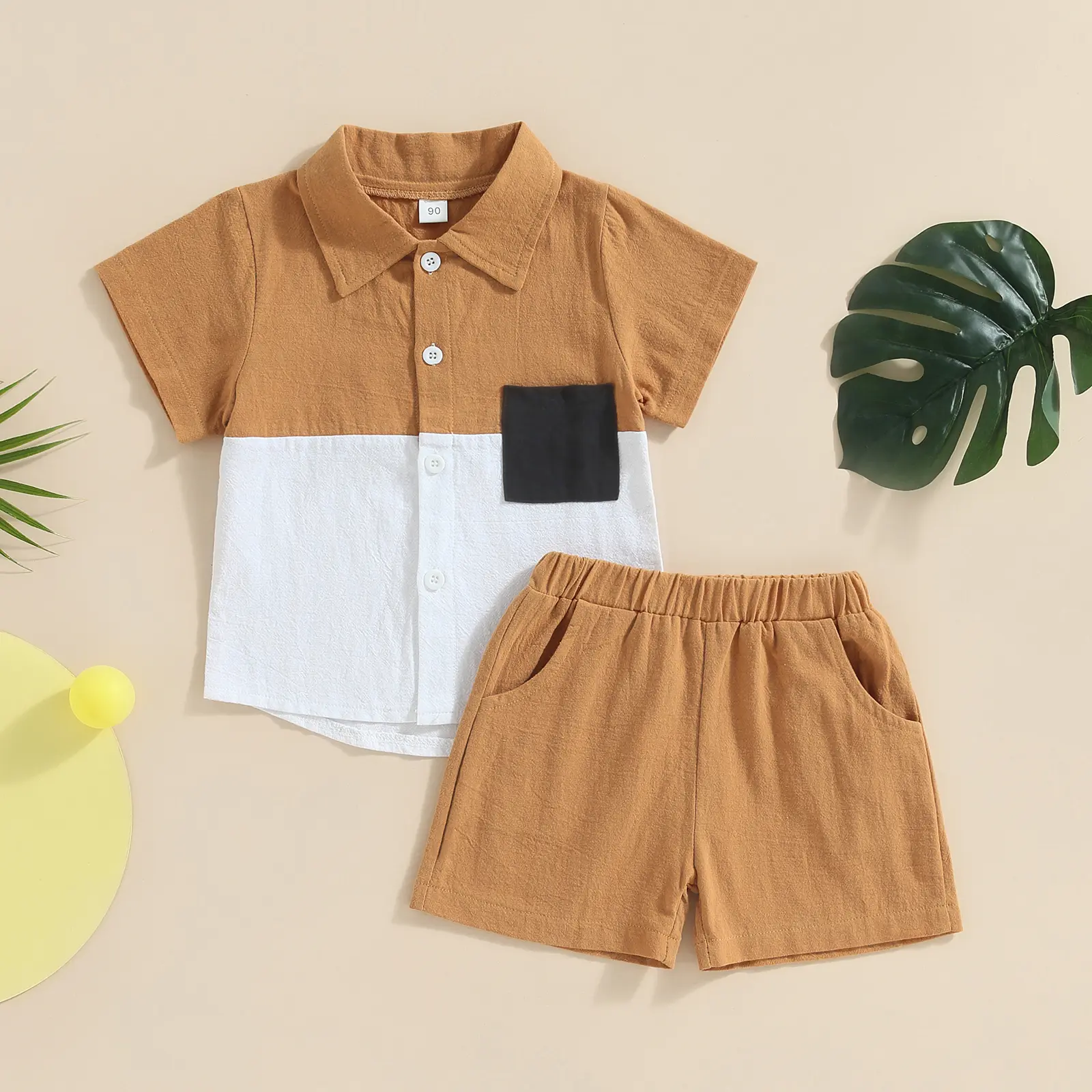Kids Boys Summer Clothes Outfits Contrast Color Fashion Short Sleeve Pocket Turn-Down Collar Tops Solid Color Shorts 2Pcs Suit