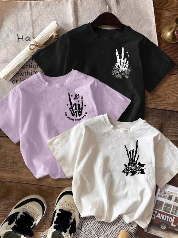 Women's Skull & Floral Print Round Neck Crop Tee, Fashion Casual Drop Shoulder Short Sleeve T-shirt, Ladies Summer Clothes for Daily Wear 1