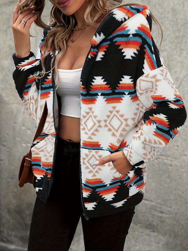 Women's All Over Print Drop Shoulder Zip Up Jacket, Casual Long Sleeve Hooded Outerwear for Fall & Winter, Ladies Clothes for Daily Wear, Coat 0