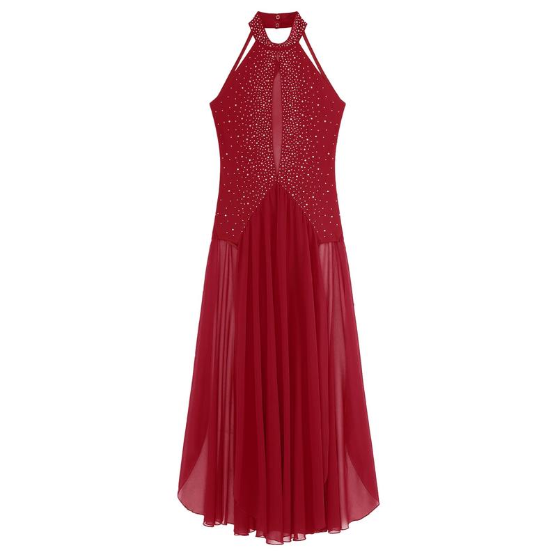 Jizyo Women Lyrical Dance Dress Halter Strappy Back Leotard Mesh Split Maxi Skirt Modern Dance Costume 7
