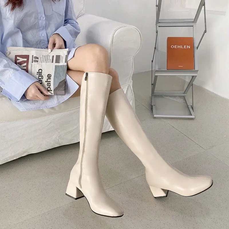 Bốt đùi nữ đế vuông boots da mềm lót lông đế cao 5cm 4