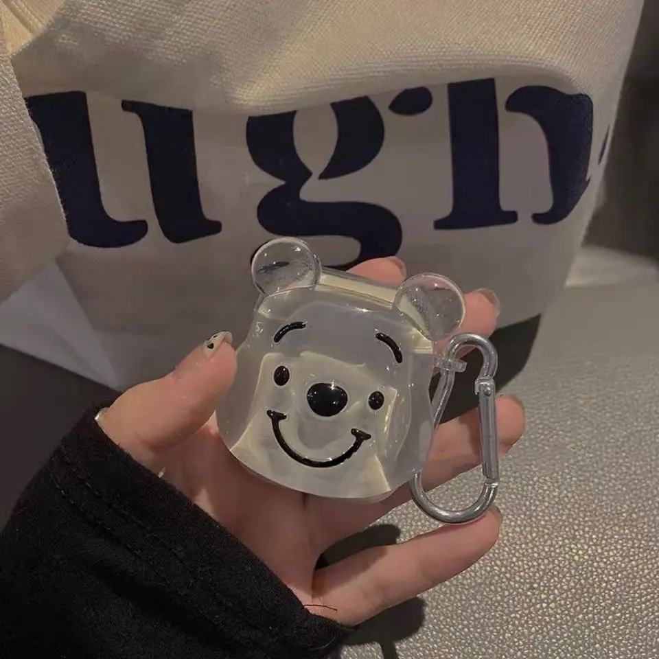 Creative Crystal Winnie the Pooh Apple AirPods 1/2 Generation Wireless Bluetooth Earphones Transparent Soft Adhesive Protective case for couples