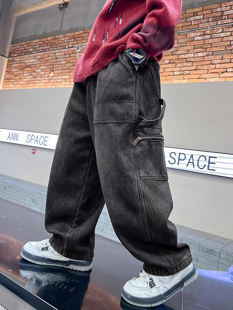 Product Introduction of Quần Jean Xuông Hiphop Túi Dây và AG Sau Túi Cho Bé - Dòng Sản Phẩm Mới Nhất, Đen/Xanh, Sz10-15 quan  ring trai 46ki 13