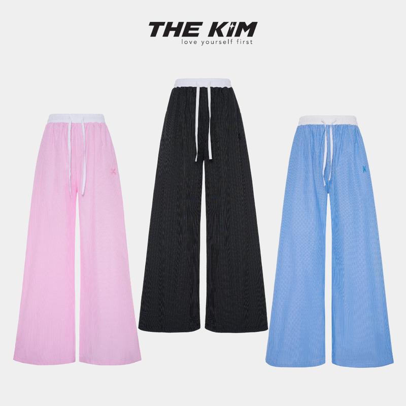 THE KIM Quần dài ống suông kẻ sọc phối cạp trắng , quần dài ống xuông rộng chất liệu thô Hàn B290