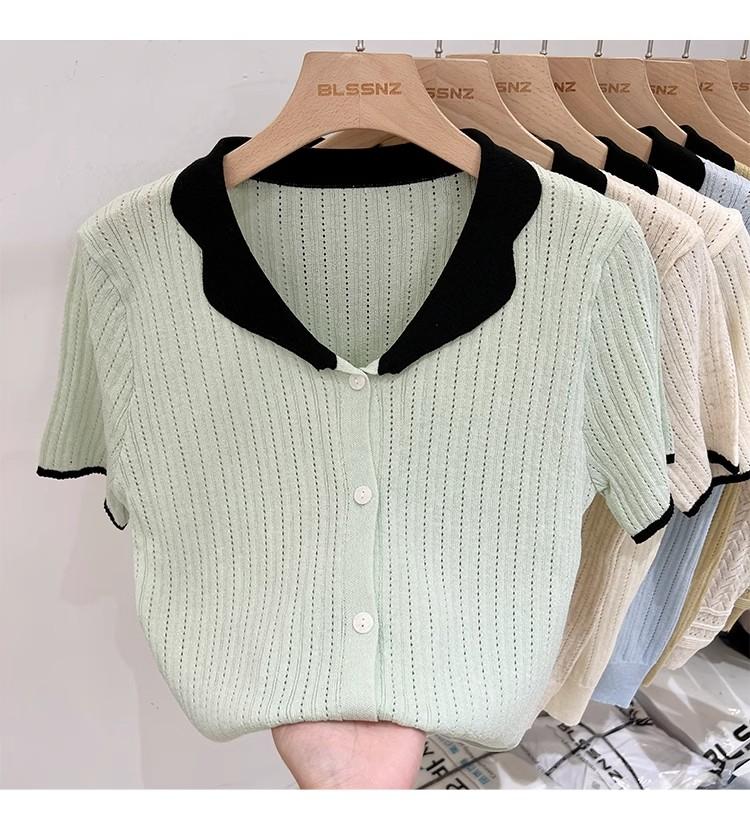 Product Introduction of Áo Cardigan Dệt Kim, ngắn Tay, Chất Liệu Lụa Ngầu Dành Cho Nữ, Mỏng Và Mùa Hè, Màu Sắc Tương Phản, Thiết Kế Độc Đáo Với Thiết Kế Áo Polo Rỗng Áo Cánh Nữ Hàng Đầu 18