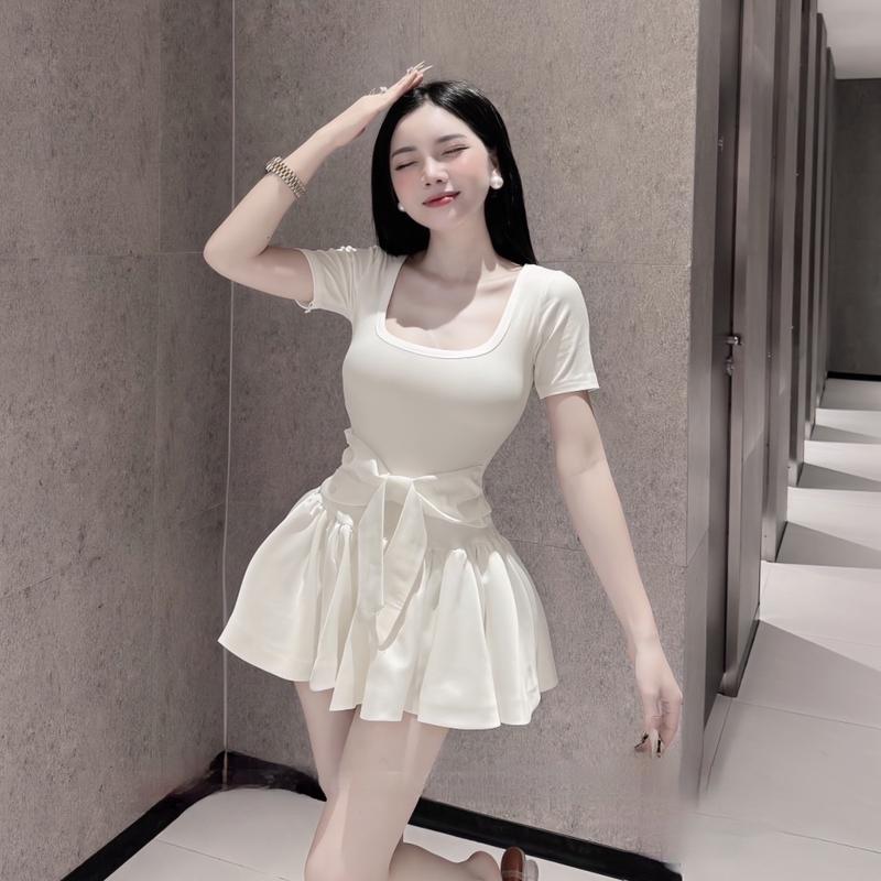 Váy Xinh Phối Nơ Eo Siêu Hot Cổ Vuông Thun Zip dáng ngắn Hàng L1 Nữ Women từ 40-55kg Dress Kem