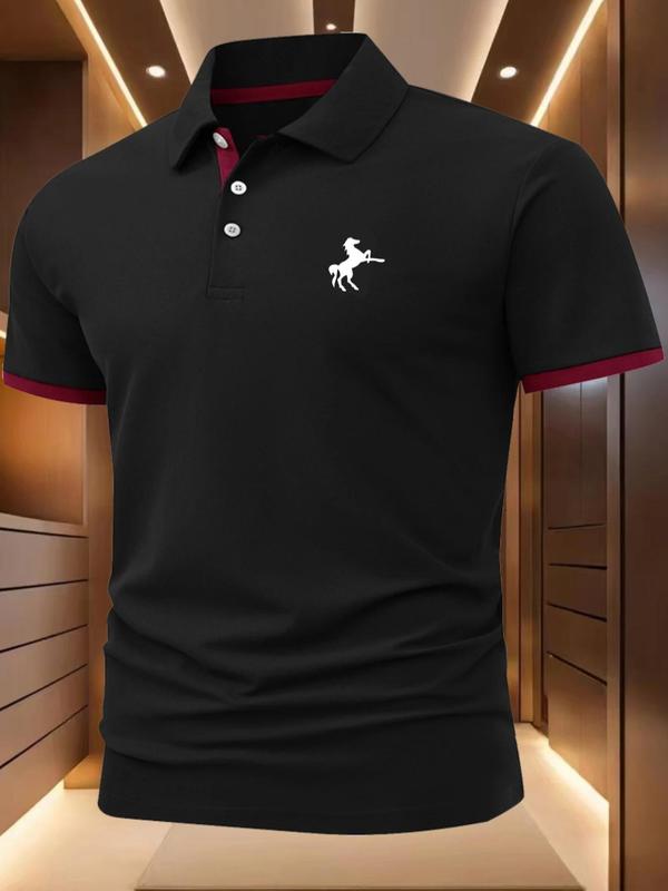 Men's Regular Fit Colorblock Horse Print Polo Shirt, Casual Short Sleeve Collared Top for Summer, Fashion Men's Clothes for Daily Wear, Menswear 4
