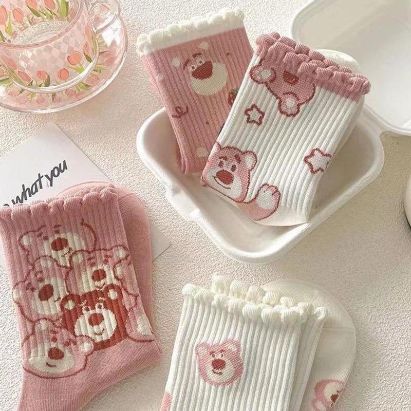 Product Introduction of sét 10 đôi Vớ cổ cao hình gấu dâu LOSTO dễ thương  - Tất cao cổ hoạ tiết gấu hồng co giãn Nữ Voi Voan Women 15