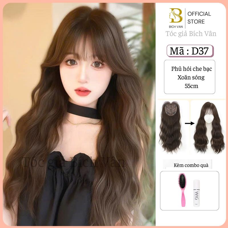 Tóc giả phủ hói xoăn sóng sợi tơ hàn Bích Vân , tóc phủ hói che bạc dài 55cm