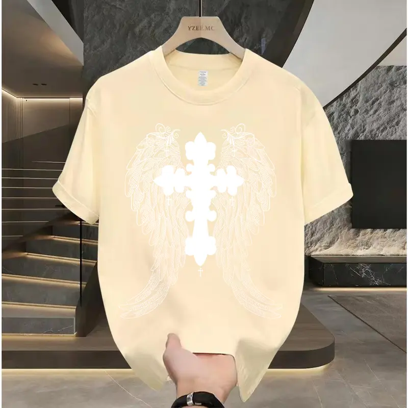 Áo Thun Nam, 100% Cotton, ngắn Tay, In Hình Đôi Cánh Thiên Thần, Dáng Rộng Vừa Vặn, Thoải Mái 7