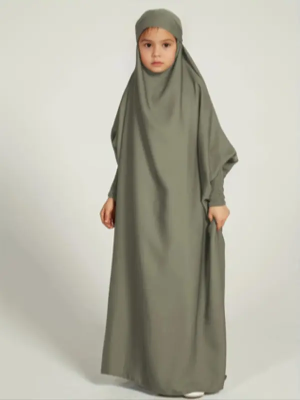 Girl's Solid Batwing Sleeve Tie Back Hoodie Abaya Dress, Modest Outfits, Casual Long Sleeve Elastic Cuff Loose Dress for Kids, Kids Clothing for Summer, Clothes for Girls, Kids Fancy Dress, Girl Clothes 4