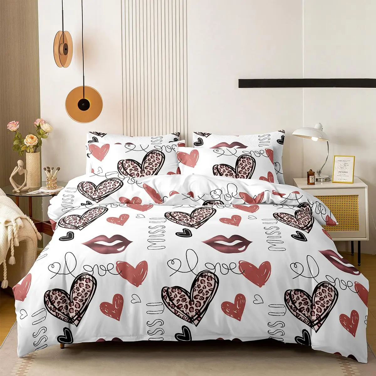 Heart & Leopard Print Bedding Set, 1 Count Bedspread & 1/2 Counts Pillowcase without Filler, Soft Comfortable Bedding Set for Bedroom