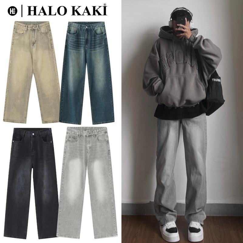 JEANS XÁM ÁNH KIM TRƠN/RÁCH - QUẦN JEANS WASH ỐNG RỘNG PHONG CÁCH Y2K CỰC CHIẾN UNISEX NAM NỮ Voi Sen Pants Menswear Denim Baggy [HALO KAKI]