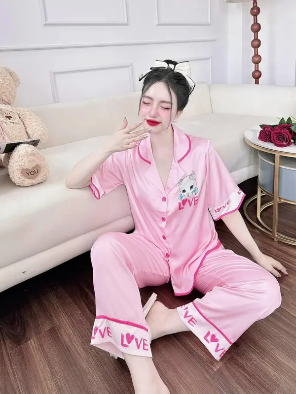 Bộ Đồ Pijama Nữ Mặc Nhà Dáng Suông Tay ngắn line lượn sóng Vải Lụa Xước Hàn Thoáng mát 4