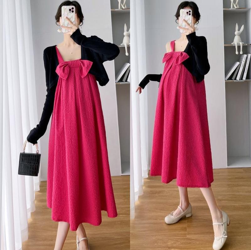 Young Mom | Đầm kèm áo khoác SET092 màu Hồng xinh xắn gồm váy chất liệu Kate xốp + áo cardigan len tăm co giãn tốt, form maxi sang trọng Thai sản Thai kỳ Cotton Thoải mái Thoáng khí Voi Váy Bầu  Kem Đầm Bầu