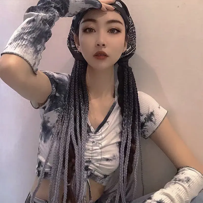 Wig Rambut Sintetis Palsu Extension Model Kepang Panjang 60Cm Warna Warna Ombre Gaya Hip Hop Untuk Wanita 3