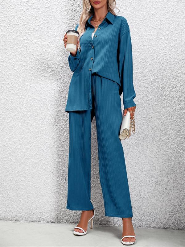 Women's Button Front Blouse & Elastic Waist Pants Set without Cami Top, Drop Shoulder Long Sleeve  Tops & High Waist Wide Leg Trousers Matching Set for Spring & Autumn, Summer Sets, 2 Piece Sets Women, Summer Outfits 2024, Co-ord Set for Women 2