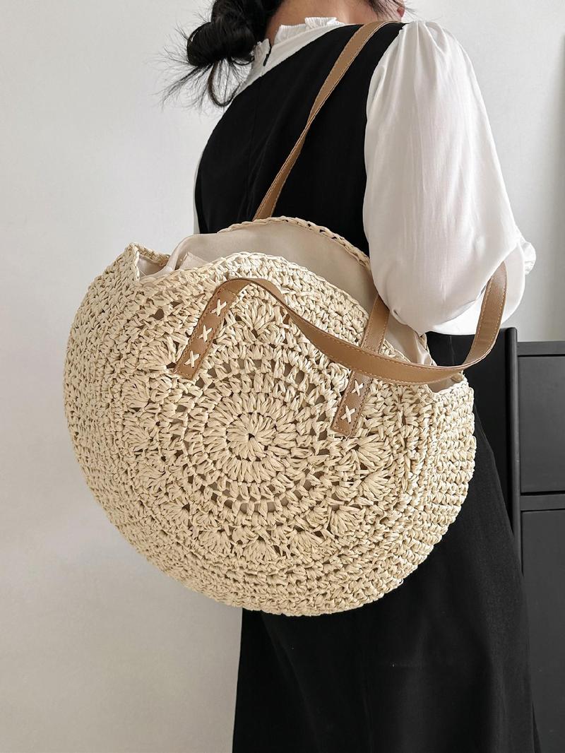Product Introduction of Women's Solid Color Straw Bag, Fashionable Large Capacity Shoulder Bag for Daily Used, Casual Trendy Versatile High-quality Daily Commuting Bag 8