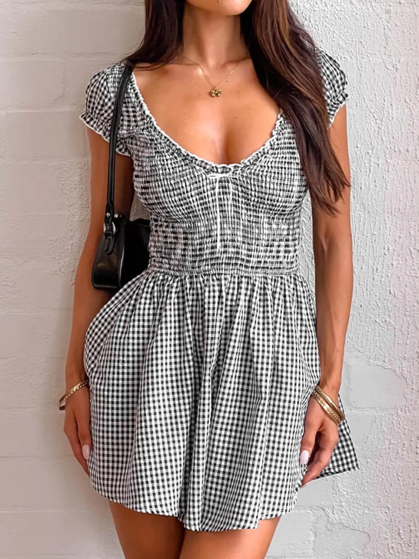 Women's Plaid Print Tie Front Romper, Casual Romper for Summer, Fashion Women's Clothing for Daily Wear, Vacation Romper, Womenswear, Shortsleeve