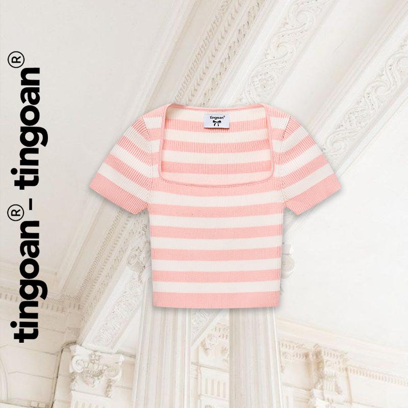 TINGOAN Áo len crop lửng ngắn tay cổ vuông kẻ trắng hồng BORA BORA TOP PK PHIÊN BẢN MỚI NHẤT T6.2024