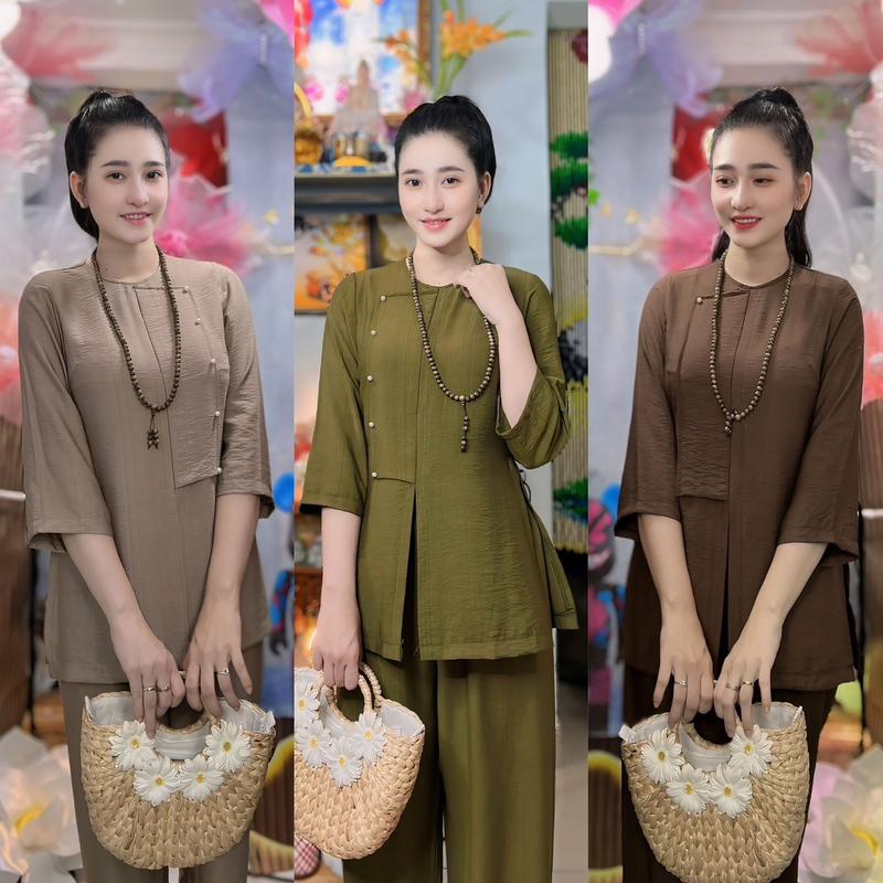 ( Có Size 70kg)  Mẫu Pháp Phục Lễ Chùa Nữ  Kiểu Hò ST04 Chất Liệu Linen Tơ