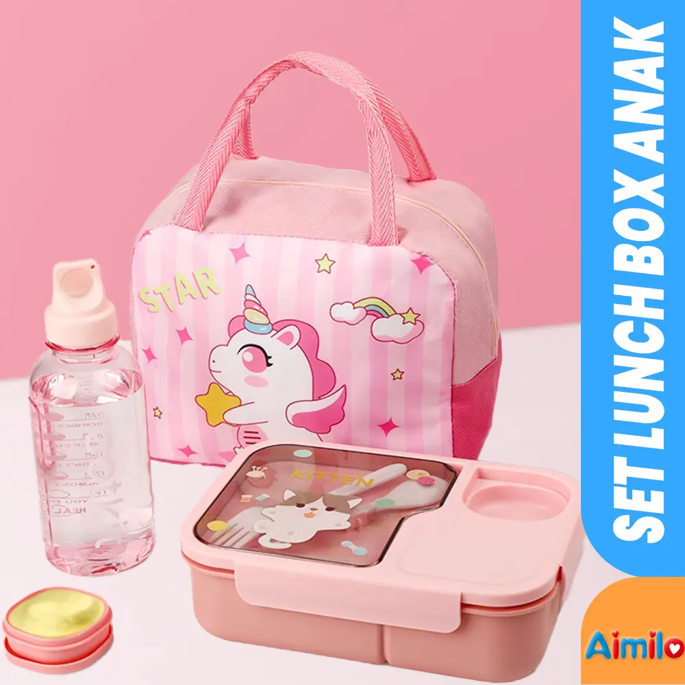 Paket Kotak Bekal Anak 1450ml Lunch Box Set 3 Sekat BPA Free Tempat Makan Karakter Tas Bekal